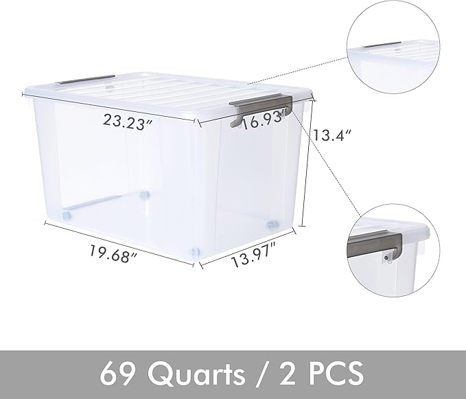 Citylife 69QT Plastic Storage Bins with Latching Lids Stackable Storage Containers for Organizing Large Clear Storage Box for Garage, Closet, Kitchen, 2 Packs
