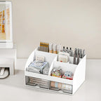 Desk Organizer with 6 Compartments and 2 Drawers, Plastic Makeup Organizer, Pen Holder for Desktop Storage, Desk Organization for School, Home, Office Supplies (White-2Pack)