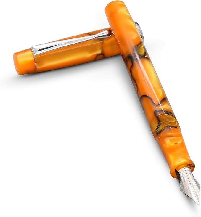 FPR Himalaya V2-Chrome Ultra Flex Nib Pen - Twist-Style Converter Filled Calligraphy Pens for Writing-Fancy Pens for Men & Women - Flex Fountain Pen w/Metal Clip & Cap Ring (Saffron Orange Acrylic)