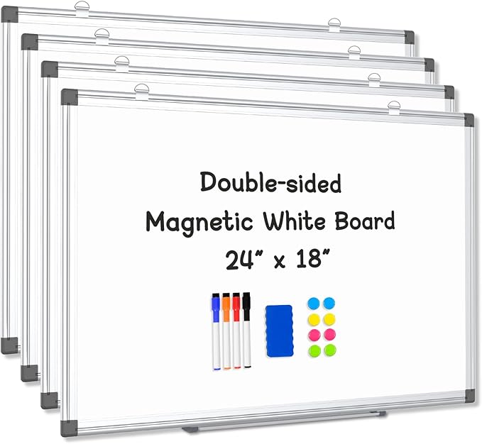 AMUSIGHT 4 Pack Double-Sided Magnetic Whiteboard, 24" x 18" Dry Erase Board, Aluminum Frame White Board for Wall, Hanging Mounting White Board Dry Erase Marker Board for Office, School, Home