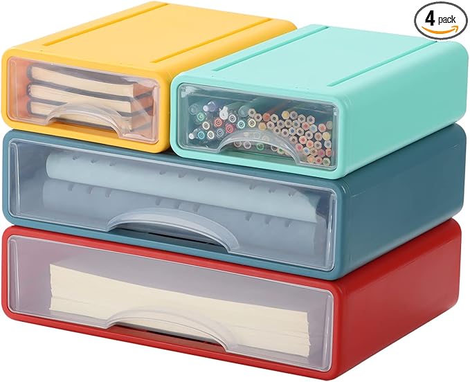 OSteed Desktop Drawers for Paper, Stackable Office Storage Drawers for Desk, Craft Organizer and Storage Bins, 4 Mixed Storage Container with Plastic Drawers for Office Supplies Desk accessories
