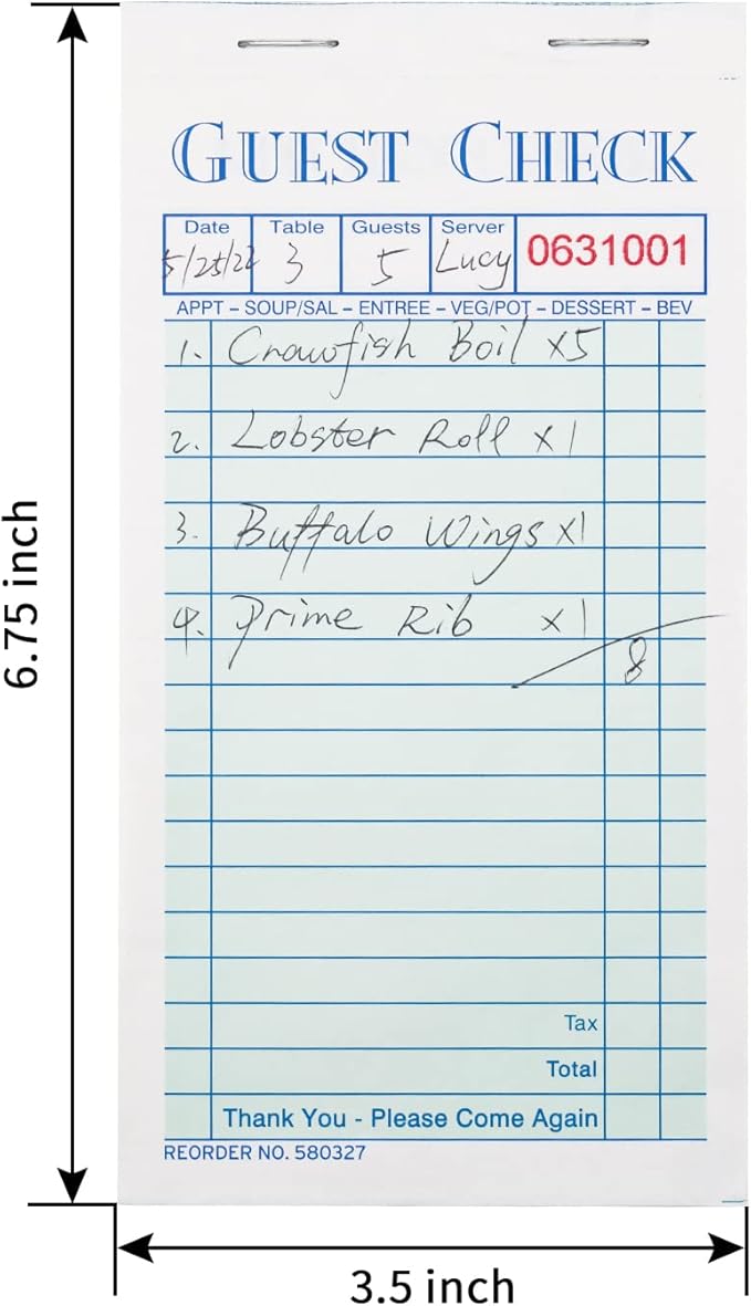 Guest Checks Server Note Pads 300 Sheets with Carbonless Copy Paper for Restaurants (6 Books) 3.5" x 6.75" Per Ticket Book