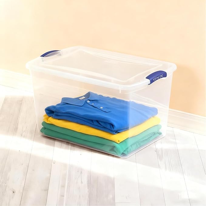 2 Pack 66 Quart (62.4L) Heavy-Large Clear Plastic Storage Bins with Locking Blue Latch Lids – Stackable & Airtight Containers for Garage, Closet & Basement, Ideal for Bulky Items, Clothing