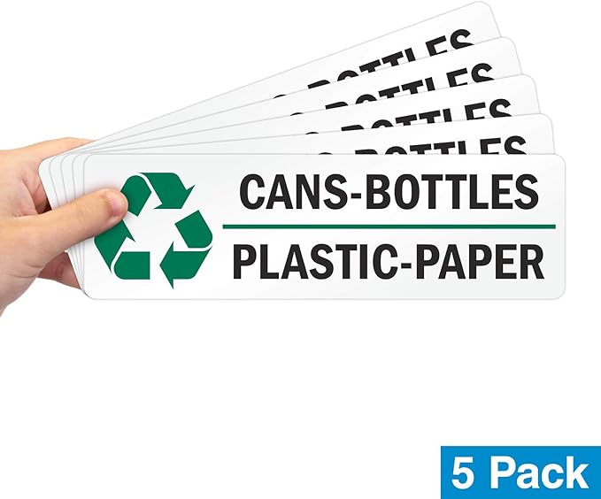 SmartSign Cans-Bottles-Plastic-Paper Pack of 5 Recycle Labels | 3" x 10" Laminated Vinyl, Made in USA