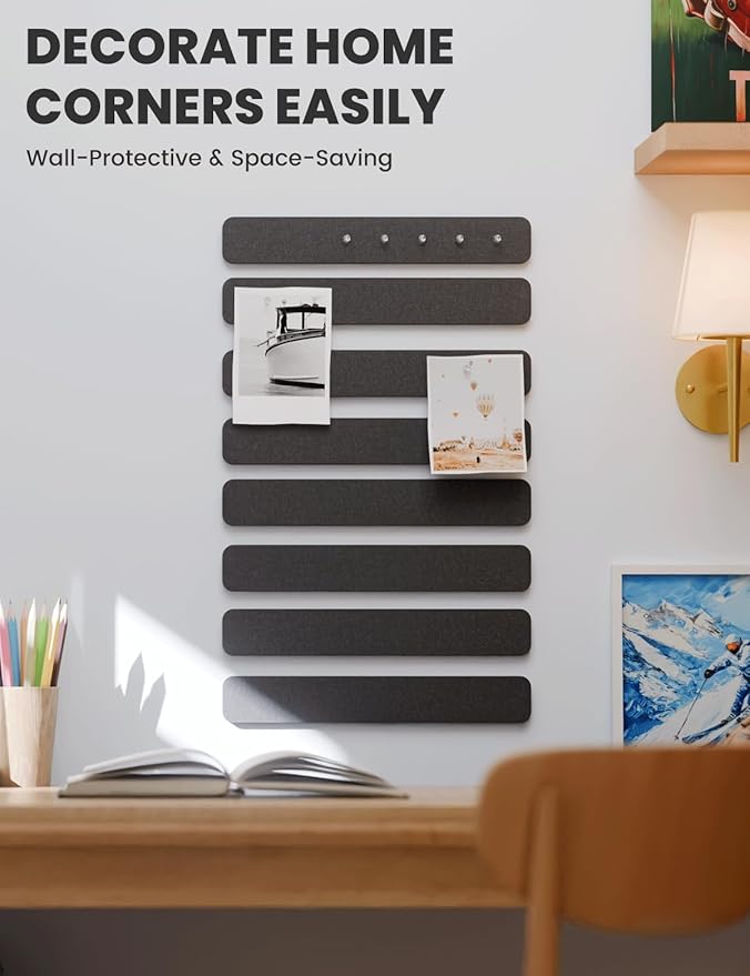 Fluxynara Cork Board Alternative Felt Strip Board 8-Pack 13"x2", Office Pin Board with 50 Push Pins, Adhesive Install for Bedroom Door & Home Office(Black)