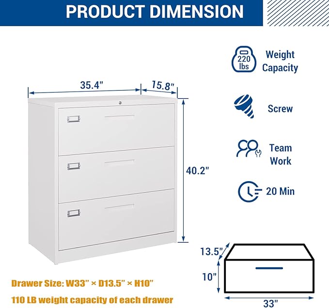 Fesbos Lateral File Cabinet with Lock, 3 Drawer Large Metal Filing Cabinet,Home Office Lockable Storage Cabinet for Hanging Files Letter/Legal/F4/A4 Size-Assembly Required