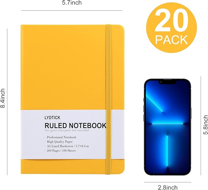 LYDTICK 20 Pack Journals for Writing College Ruled Notebooks Journal in Bulk, Hardcover Notebooks (200Pages) for Note Talking, Lined Bullet Journals for Home School Office, 5.7"x8.4", Yellow