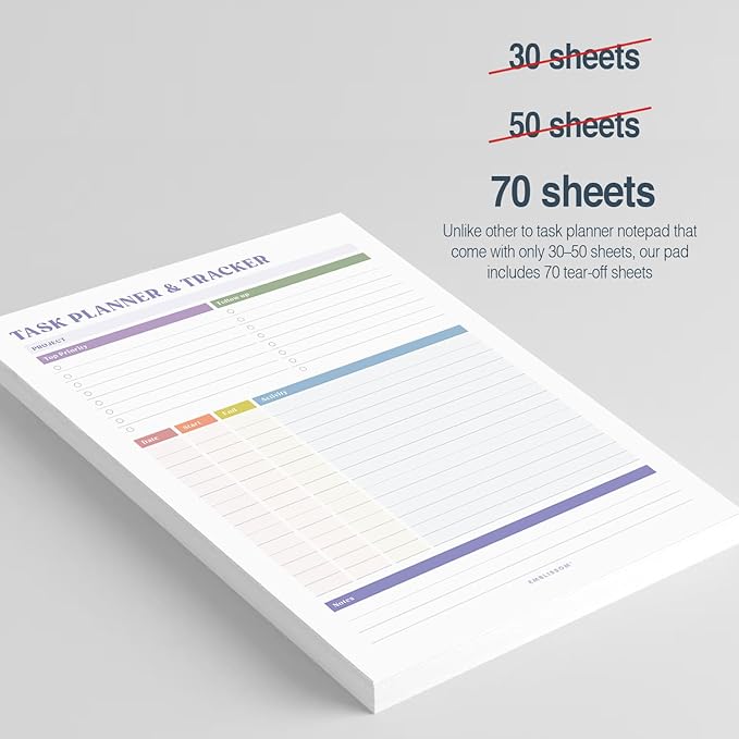 Task Planner & Tracker 8.5 x 11 Tear-Off 70 Sheet Planner Pad – Project Organizer with Time Log, Top Priority, Follow-Up – Notepad for Home & Office (White, Colorful, 2 Pack)