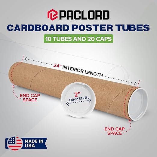 2" x 24" Reinforced Kraft Paper Mailing Tubes, Pack of 10 Tubes with 2 Caps Each – USPS Approved Poster Tube – Made in USA Cardboard Tube for Shipping and Storing Posters, Prints, Artwork, Documents
