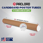 4" x 36" Reinforced Kraft Paper Mailing Tubes, Pack of 4 Tubes with 2 Caps Each – USPS Approved Poster Tube – Made in USA Cardboard Tube for Shipping and Storing Posters, Prints, Artwork, or Documents