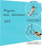 Magnetic Glass Dry Erase Board - White Board 48 x 36 Inch Wall Mounted Glass Whiteboard, Large Frameless Glass White Board for Wall Office, Home & School, Blue