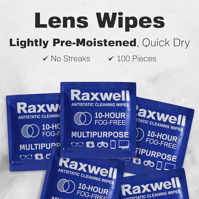 Raxwell Lens Wipes for Glasses - Streak-Free Glasses Cleaner - No-Residue Lens Cleaner - Portable Screen Wipes for Electronics - 200 Count, White, Unscented
