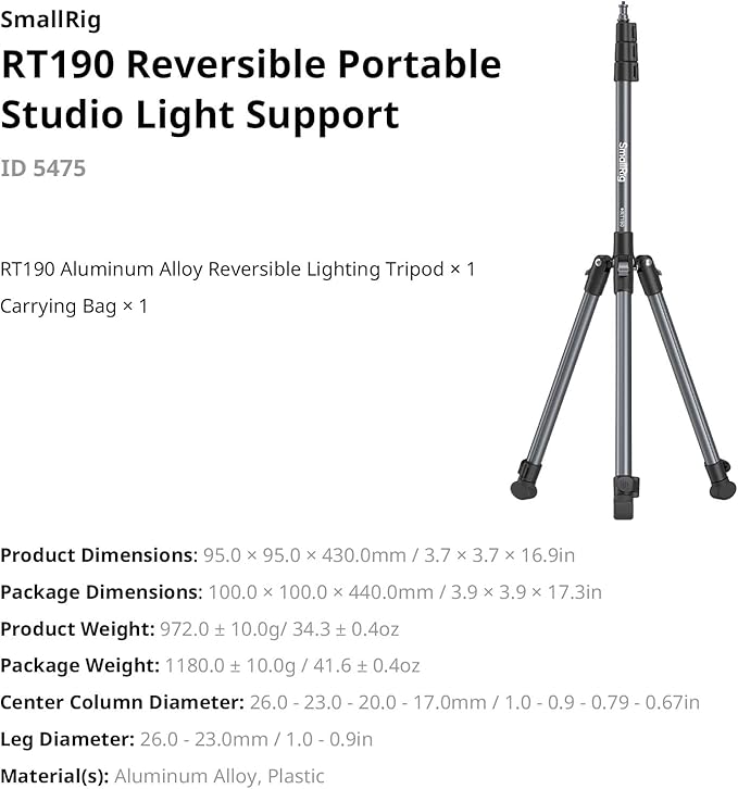 SMALLRIG 74.8"/ 6.23 ft Adjustable Light Stand Photography, Max Load 8.8 lb, Compact Lighting Tripod Stand for Softbox, Flashlights, Ring Light, LED Video Lights, COB Light, Folded Size 16.5" - 5475