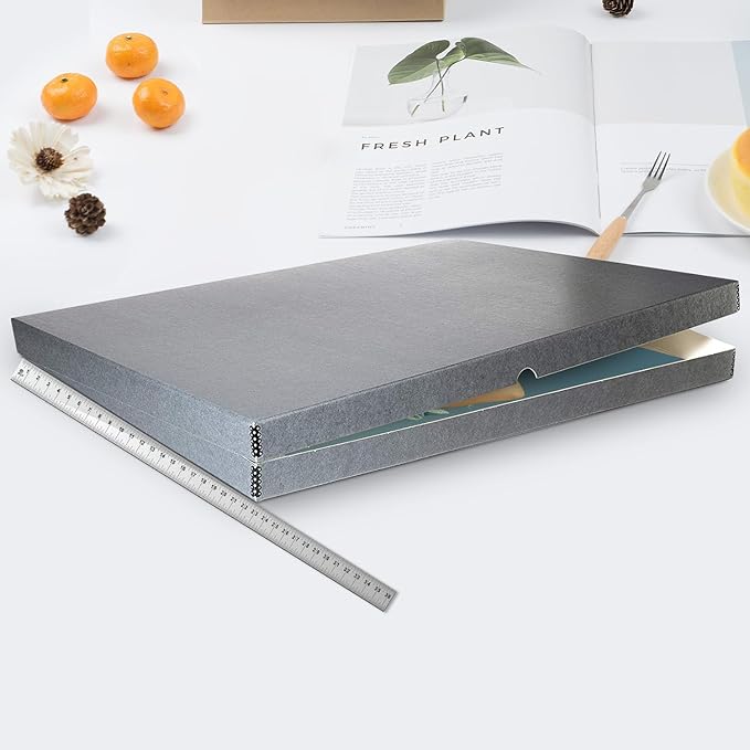 Lineco Folio Storage Box, Clamshell Design with Metal Edge. 23.5x30.5x1.75 in, Archival Boxboard, Preserve Photos, Prints, Cards, Magazines, Documents, Art, Ephemera, Family Records, Gray, Pack of 2