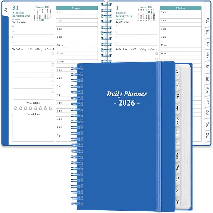 Daily Planner 2026 Full Page Per Day- 2026 Daily & Monthly Planner from January 2026 to December 2026, Day Planner 2026 with 12 Months Tabs, 6.4" x 8,5", Blue