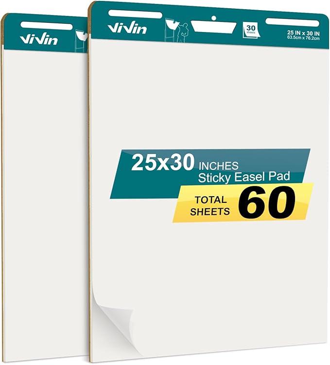 ViVin Super Sticky Easel Pad, 25 x 30 Inches Flip Chart Paper for Teachers, Large Self Stick Easel Paper, Teacher Anchor Chart, 30 Sheets/Pad, 2 Pads/Pack