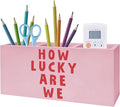 Exqcom Pink Positive Quotes Makeup Brush Holder, Pink Preppy Toothbrush Holders for Girls Bathroom, How Lucky Are We Pen Holder Organizer for Dorm Bedroom Desk Accessories