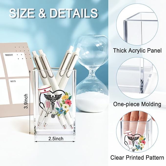 QYUVK RN Acrylic Pencil Holder Cup, Floral Stethoscope Pen Holder for Women Nurse, Appreciation Thank You Gifts for Registered Nurse CAN MA, Nurse Week Decor RN Gifts, Nurse Day Present