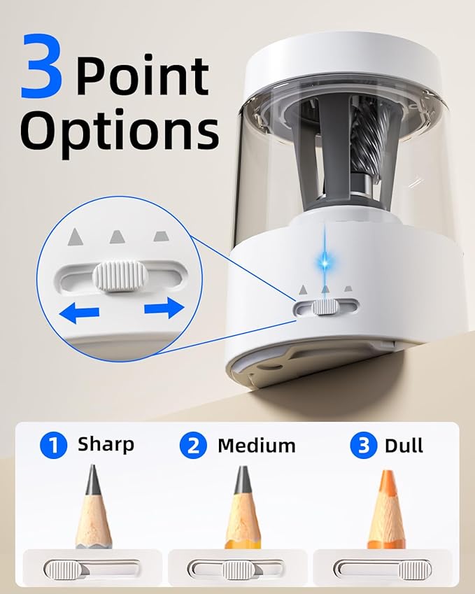 ZMOL Electric Rechargeable Pencil Sharpener, Automatic Pencil Sharpeners Kids, Battery Powered Pencil Sharpeners for Colored Pencils, Auto Stop, Suitable for No.2(6-8mm), Classroom/Home White