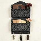 Chadechimo Rustic Key and Mail Holder for Wall Home Decorative,2-Slot Mail Organizer Wall Mount with 3 Hooks, Wooden Key Hangers Wall File Organizer Letter Sorter for Letter Magazines（Black）