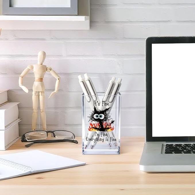 Vgrti It's Fine I'm Fine Acrylic Cosmetic Pencil Pen Holder Cup, Funny Black Cat Pen Holder Cup, Cat Lover Gift for Women Men, Office Sarcastic Gifts for Women Men Colleague Boss