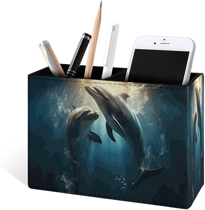 Famame Couple Dolphins Underwater Pencil Holder for Desk, Leather Desktop Container Pen Cup Storage Study Table Pen Organizer Makeup Brush Holder for Classroom Office Home