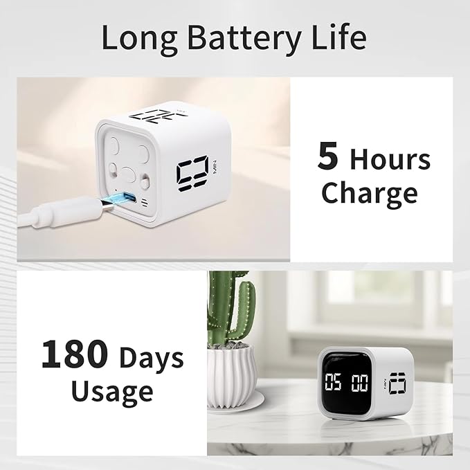 Productivity Timer Flip Gravity Sensor Cube Timer Countdown & Countup,Mute & Vibrate & Sound，5/10/30/60min & Custom Timing, Perfect for ADHD,Work,Learning,Kitchen Cooking (2 White)