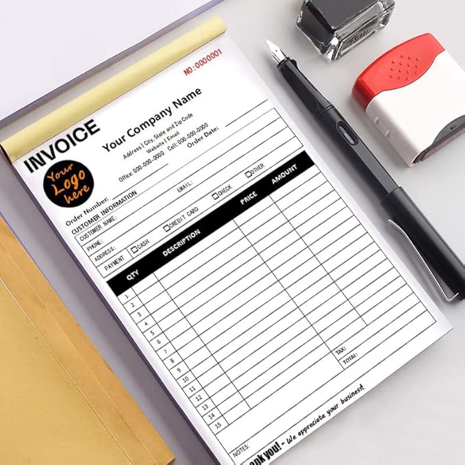 Custom Carbonless Sales Invoice Form Books for Small Business, Personalized NCR 2-Part Receipt Book with Carbon Copies, Cover Add Company Name, Address and Number Printed