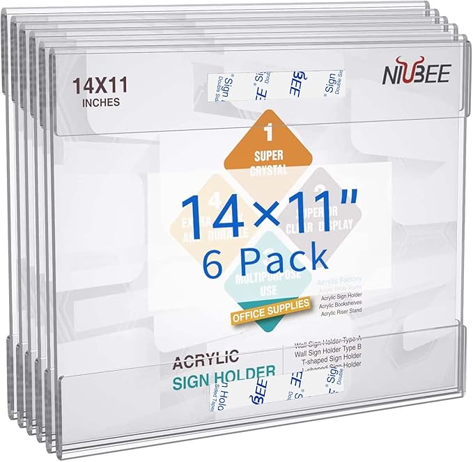 NIUBEE Acrylic Sign Holder 14x11 Inches Horizontal, Clear Plastic Wall Mount Sign Holder Poster Paper Holder with Double Sided Adhesive Tape for Office, Home, Store, Restaurant-No Drilling(6 Pack)