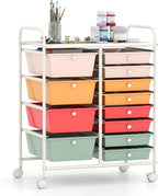 Giantex 12 Drawer Rolling Cart with Drawers, Storage Organizer Cart for Classroom Office School Teacher, Mobile Drawer Cart for Tools, Crafts, Small Printer, Macaron Multicolor