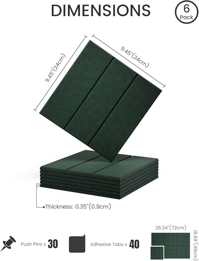 Fluxynara Felt Bulletin Board Tiles -28"x18" with 40 Adhesive Tabs, Cork Board Alternative for Office Decor, Push Pin Board Wall Organizer 6-Pack (Pine Green)