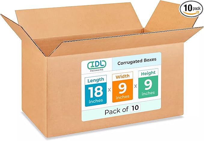 Long Moving & Shipping Boxes 18x9x9 inches (10-Pack) - Extra Strength 200 lb vs Regular - Corrugated Strong Packing Boxes for Moving - Heavy Duty Box - Long Box for Shipping by IDL Packaging