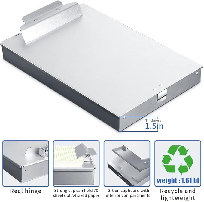 Sunnyclip Metal Clipboard with Storage, Aluminum Three-Tier Box Clipboards,Binder Form Holder with High Capacity Clip,Great for Worksites,Management,Office Business Professionals,14 x 9 x1.5 inch