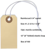 Manila Tags with Elastic Loop - 2 3/4' x 1 3/8', Box of 100 Paper Tags with Reinforced Hole, Labels with String Attached