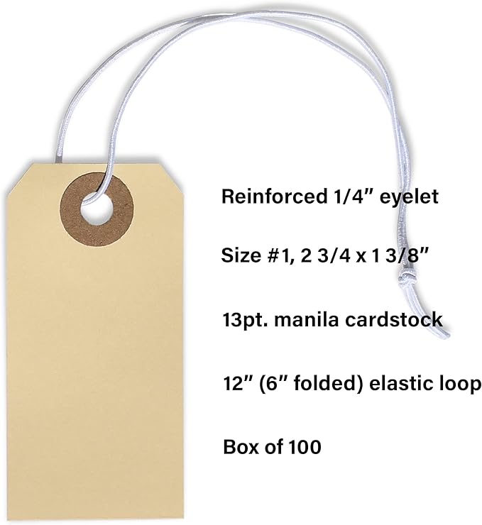 Manila Tags with Elastic Loop - 2 3/4' x 1 3/8', Box of 100 Paper Tags with Reinforced Hole, Labels with String Attached