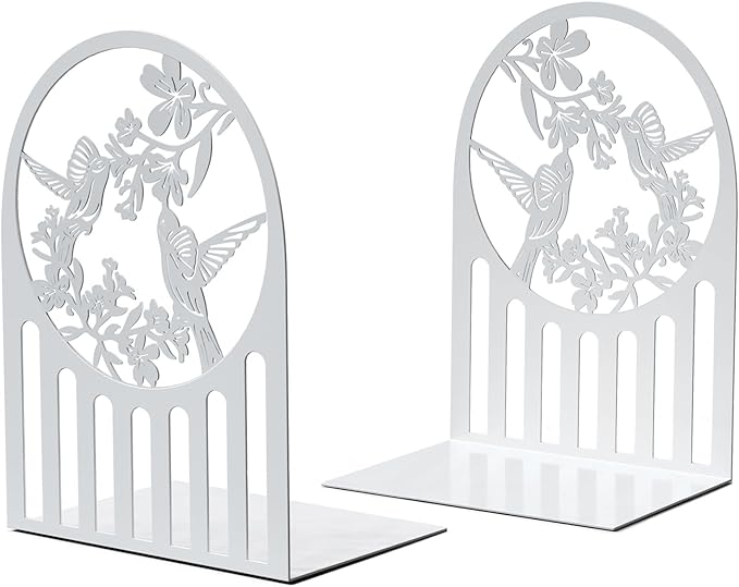 Weudes Hummingbird Book Ends, Metal Bookends for Shelves Decorative, Book Stopper for Heavy Books, Bookends for Home, Office, Library, School Use (White)