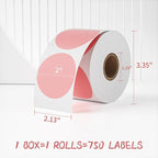 MFLABEL 2" 750 Pink Circle Direct Thermal Stickers Labels Roll, Compatible with Zebra, Rollo, MUNBYN, Self-Adhesive Round Direct Thermal Labels