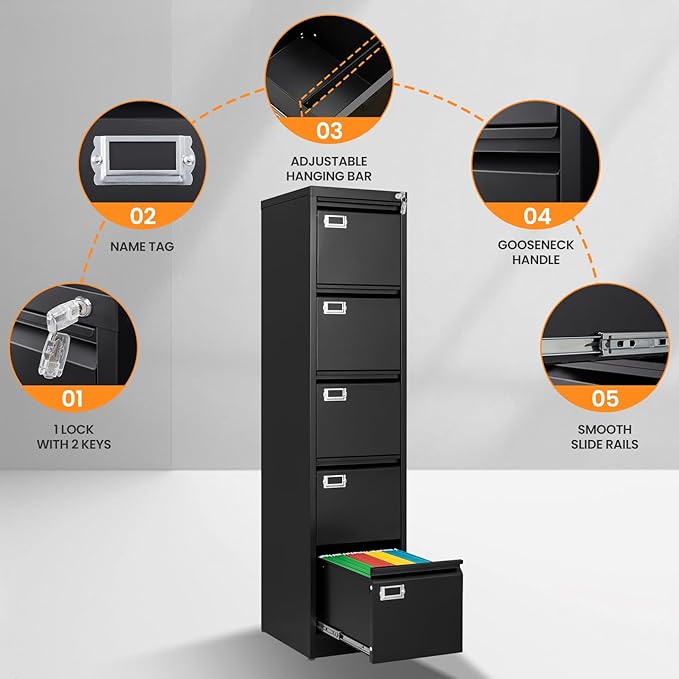 AFAIF 5 Drawer File Cabinet with Lock, Metal Filing Cabinets for Home Office, Vertical Black Locking File Caninet, Steel Narrow Five Drawer File Cabnet for Letter/Legal / A4 / B4- Assembly Required