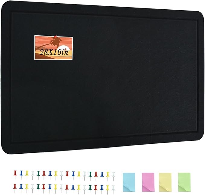Vuzvuv Black 28"x16" Large Cork Board with 50 Push Pins & Sticky Notes, Self-Adhesive Bulletin Board for Wall, Felt Pin Vision Board for Paste Notes,Schedules Offices Home