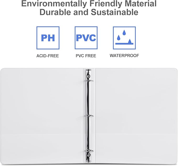 3 Ring Binder 1/2 Inch, ViVin Sturdy 0.5"-Round Ring Binder with 2 Interior Pockets, Clear View Cover, PVC-Free, Fits 100 Sheets of 8.5'' x 11'' Paper, Office Home School (12 Pack, White)