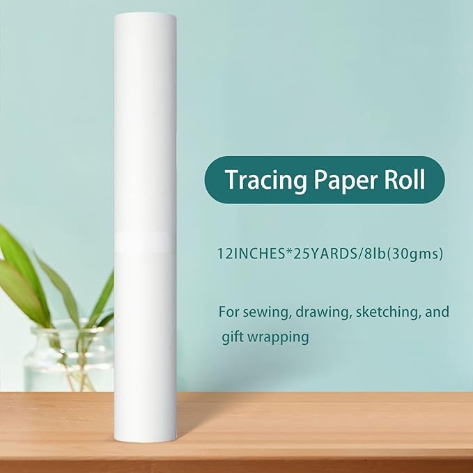 SEMLEART Tracing Paper Roll,12-inch x 25yard，White Translucent Vellum,Pattern Paper for Sewing, Drawing, Sketching, Gift Wrapping