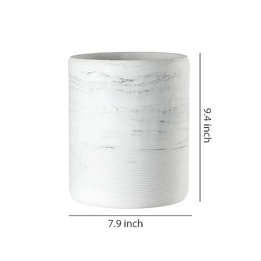 QL DESIGN Bathroom Trash Can - Decorative Wastebasket Finished in Resin, Beautiful Marble Look, Modern Round Waste Basket for Bathroom, Powder Room Or Living (Marble Style), white