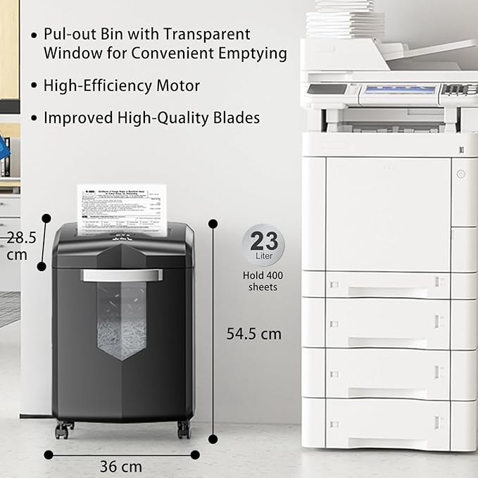 Bonsaii Heavy Duty 18-Sheet Office Shredder – 60-min Continuous Run, Cross-Cut P-4 Security, 6-gal bin with Window, 4-Wheel Design, Shreds Paper, Credit Cards & Staples – Black.