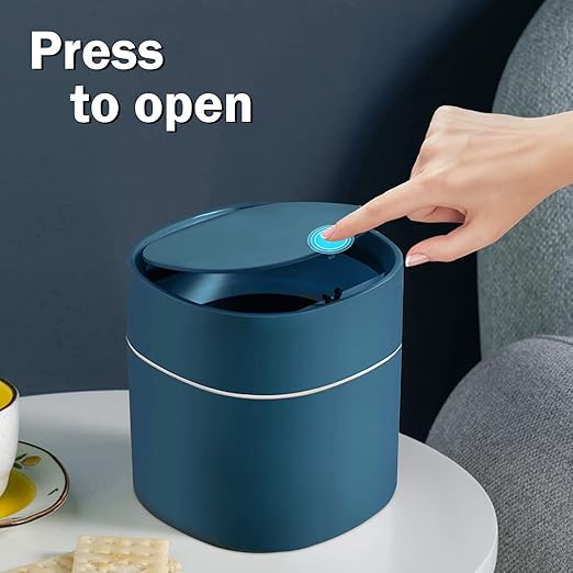 Business King Mini Desk Trash Can with Lid with Trash Bags 180 pcs Press-Top 0.5 Gallon Tiny Countertop Waste Basket Small Table Top Plastic Covered Garbage Bin for Desk Top (Blue)