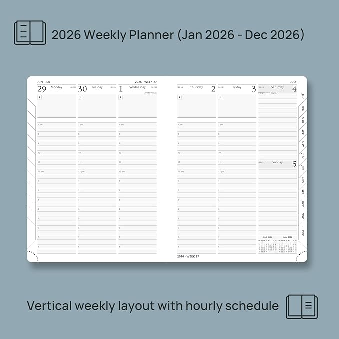 POPRUN 2026 Planner (Medium - 6.5'' x 8.5'') - 2026 Weekly Calendar ((Jan. 2026 - Dec. 2026) with Hourly Time Slots, Weekly/Monthly Appointment Book for Time Management - Leather Soft Cover - Pacific Green