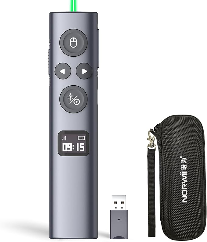 Norwii N95s BLE Presentation Clicker with Digital Pointer for PowerPoint Presentation on TV Screen and Projection Screen, Wireless Presenter Remote with Countdown Timer (Green Light-USB-A)