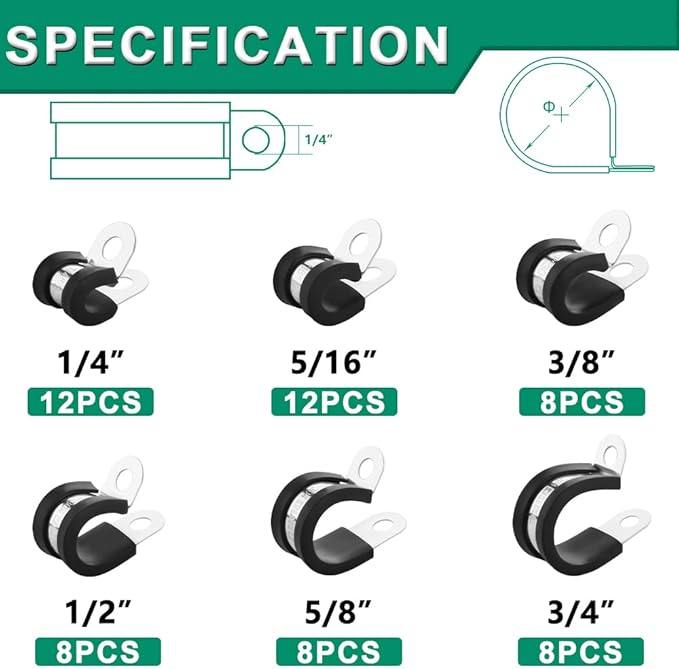 OURU 56PCS Cable Clamps Assortment Kit,6 Sizes—1/4" 5/16" 3/8" 1/2" 5/8" 3/4" Stainless Steel Rubber Coated Cushioned Insulated Cable Clamp,Automotive Cable Wire Clamps,Pipe Clamps,Metal Clamp