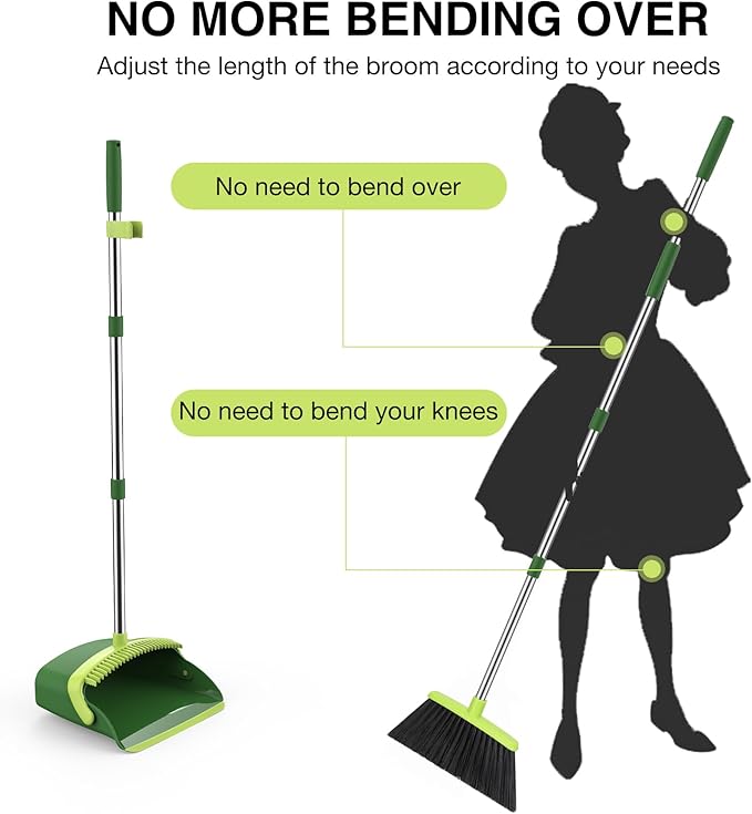Broom and Dustpan Set, 52-in Long Adjustable Handle Broom Dustpan Combo with Dust pan Teeth to Automatically Clean Hair Suitable for Home Kitchen Office Hall Floor (Green), 4 Pack