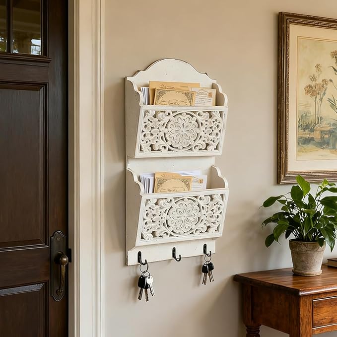 Chadechimo Rustic Key and Mail Holder for Wall Home Decorative,2-Slot Mail Organizer Wall Mount with 3 Hooks, Wooden Key Hangers Wall File Organizer Letter Sorter for Letter Magazines（White）