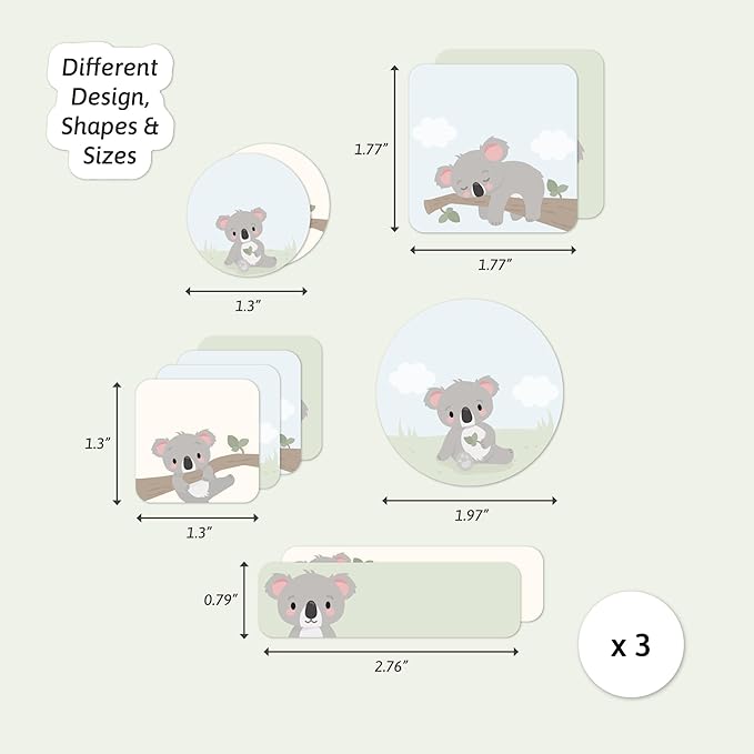 Large Name Labels for Kids (33) - Custom Stickers for Daycare and School Supplies - Durable, Waterproof Stickers for Water Bottles, Lunch Boxes, and More with Unique Designs - Koala